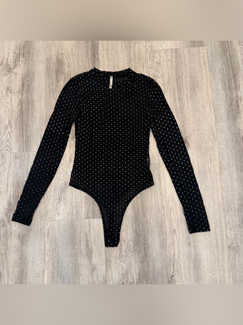 NWOT Love Nation Black Sheer Glitter Mesh Long Sleeve Bodysuit‎ Size Small